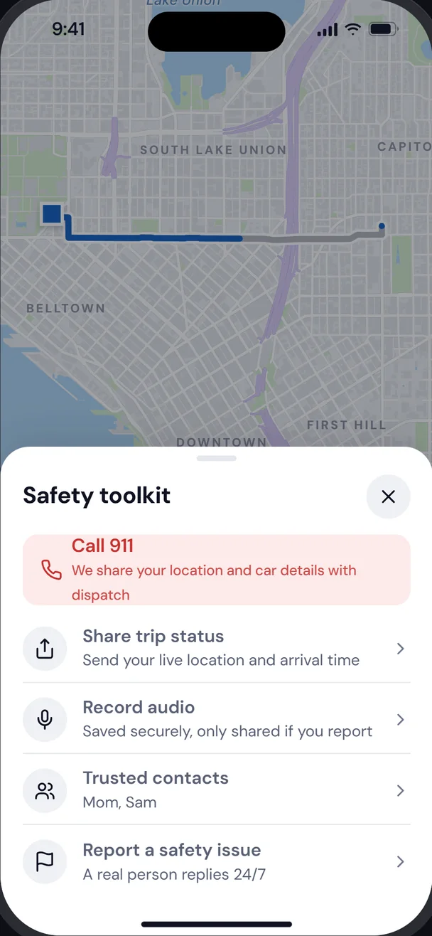 Safety toolkit with Call 911, Share trip status, Record audio and Trusted contacts